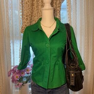 Vintage Paris Blues Green Button Front Peplum Jacket Women Size L Cropped Fit